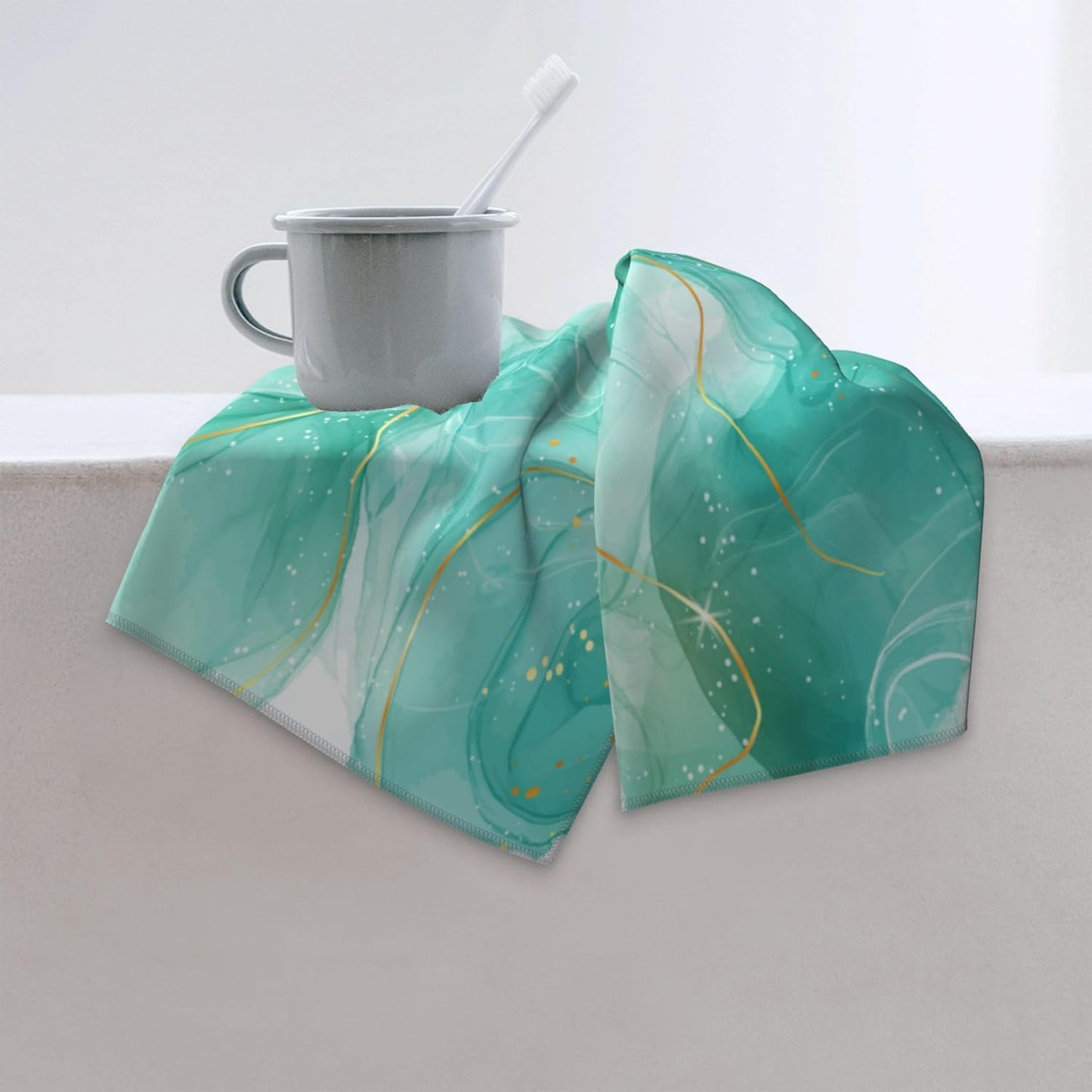 Teal Gold Marble Bathroom Hand Towels Decorative Set of 2 Green Turquoise Bath Hand Towels for Bathroom Kitchen Home Gym Yoga Spa 14"x28" Soft Absorbent Farmhouse Decorative Towel