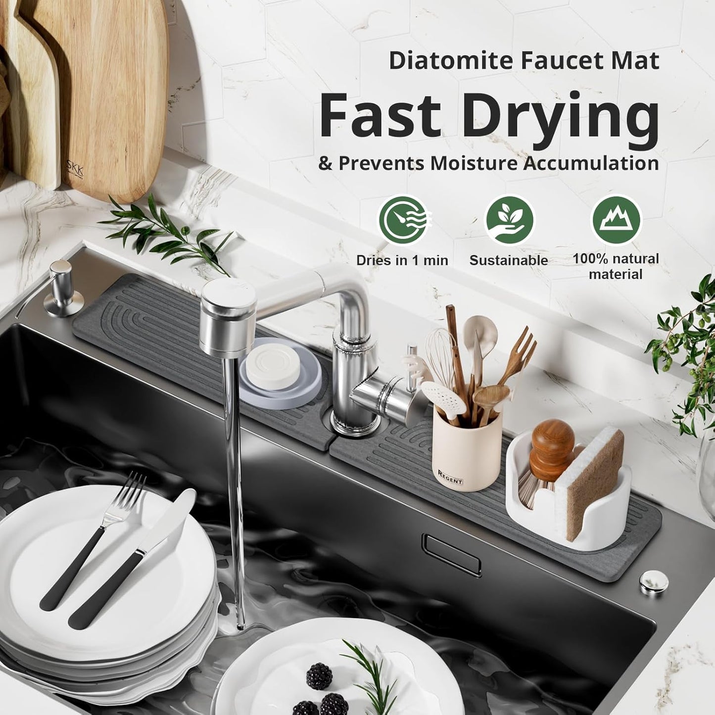 Faucet Mat for Kitchen Sink - 15.8" Quick Drying Sink Splash Guard - Water Absorbent Diatomaceous Tray Mats for Bathroom - Dark Gray