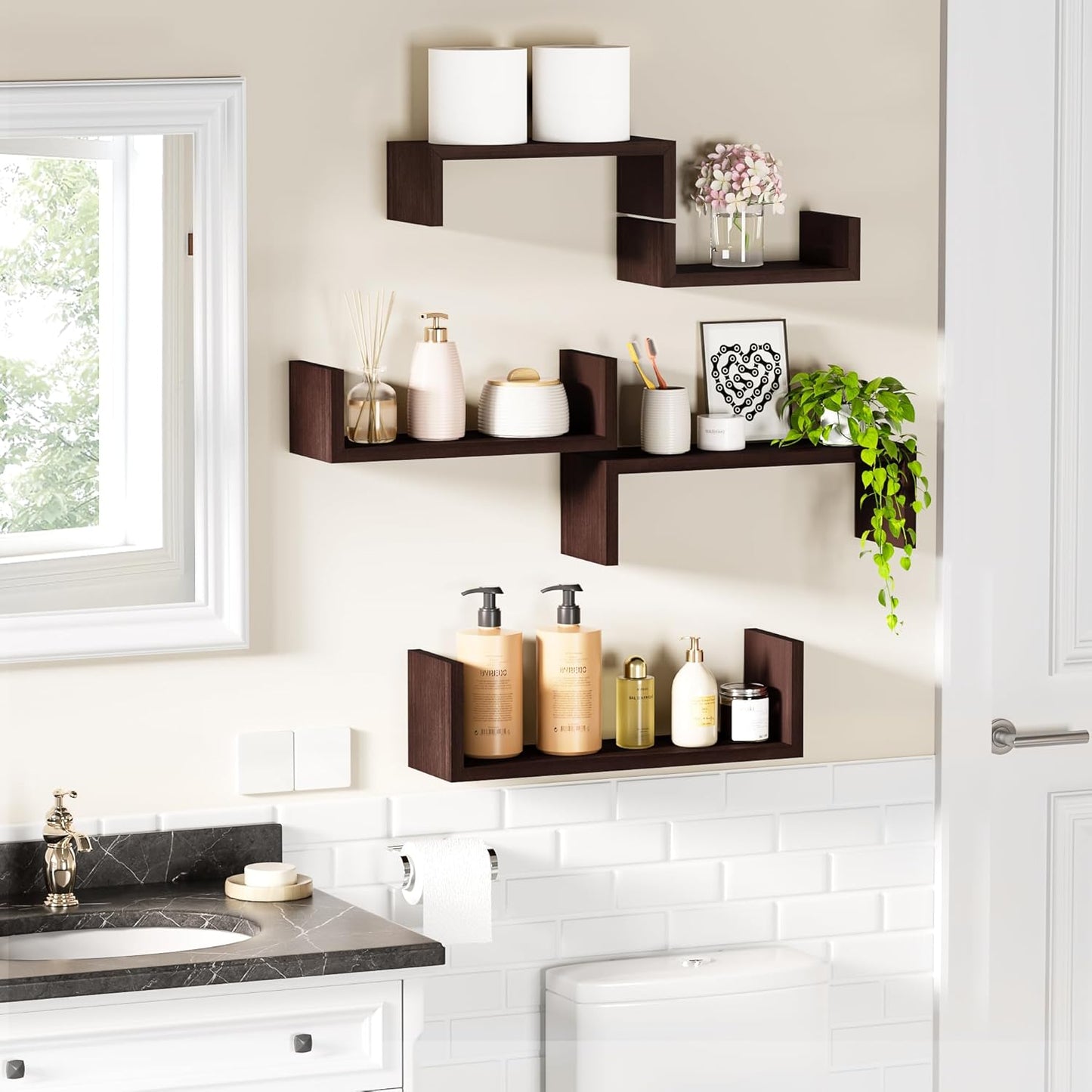 SRIWATANA Floating Shelves for Wall, Wall Shelves for Bathroom, Bedroom, Living Room, Kitchen, Office, Wood Shelves for Home Decor Set of 5 (Dark Walnut)