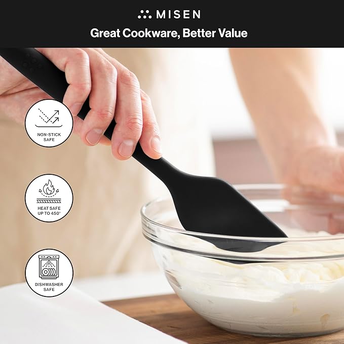 Misen Nonstick-Safe Silicone Spatula - Dishwasher Safe, Heat Resistant - Versatile Professional-Grade Kitchen Tool for Pancakes, Eggs, and Baking - Strong, Flexible, Durable Rubber Utensil - Black