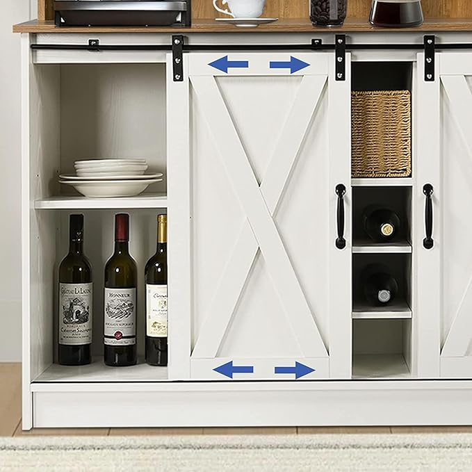 4ever2buy Farmhouse Coffee Bar Cabinet with Hutch, 47 Inch Buffet Cabinet with Storage, White Wine Bar with 9 Wine Racks and 6 Hooks, Coffee Bar Table with Adjustable Shelves for Living Dining Room