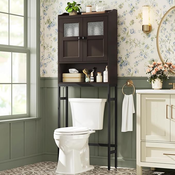 Over The Toilet Cabinet for Bathroom Storage, Over Toilet Storage Cabinet, Above Toilet Storage with 2 Doors and Adjustable Shelf Space Saver Cabinet Over Toilet Bathroom Organizer (Espresso)