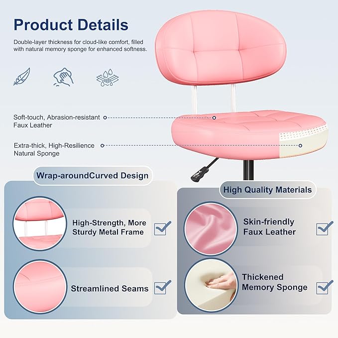 Misolant Vanity Chair with Back, Small Armless Cute Office Chair with Wheels and Lumbar Support, Comfy PU Leather Desk Computer Chairs with Adjustable Height, 360°Swivel for Home Bedroom Office, Pink