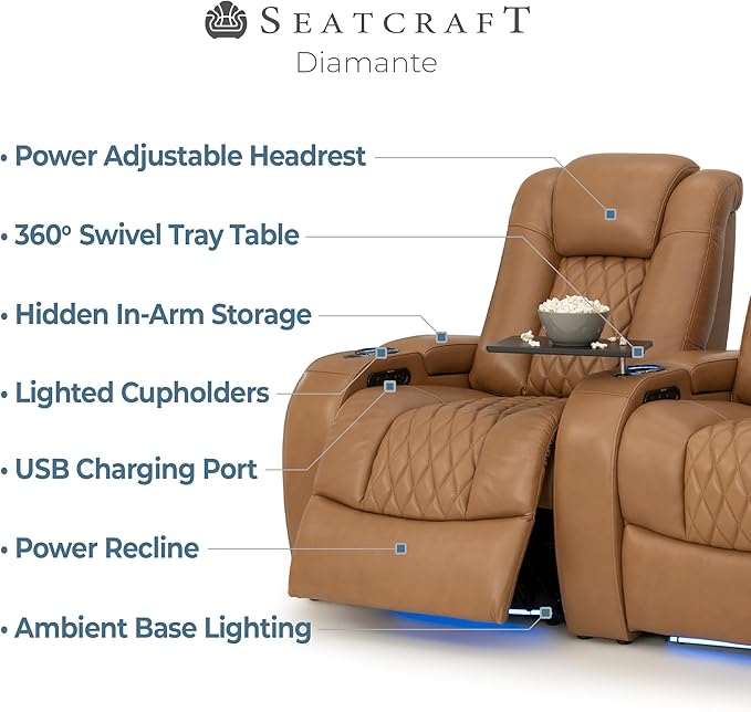 Seatcraft Diamante Zero-Gravity CoolZero Italian Leather Home Theater Seating, Power Headrest, Power Recline, Row of 3 Right Loveseat, Tan Oak