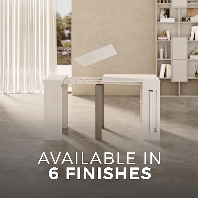 Mobili Fiver, Easy, Extendable Console Table with Extension Leaves Holder, 17.7(120.1) x35.4 in, Ashwood White, for 4-12 People, Space Saving Dining Table for Living Room, Italian Furniture