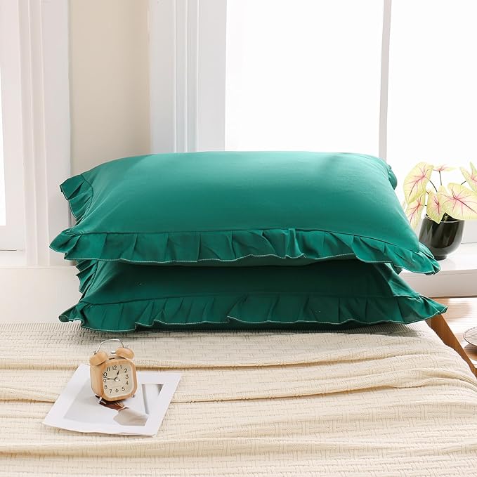 Merryword Dark Green Pillow Shams Green King Pillowcases Cute Pillow Cover Set of 2 Soft Shabby Chic Ruffled Pillowcases 2 Pack (King (20''x36''), Dark Green)