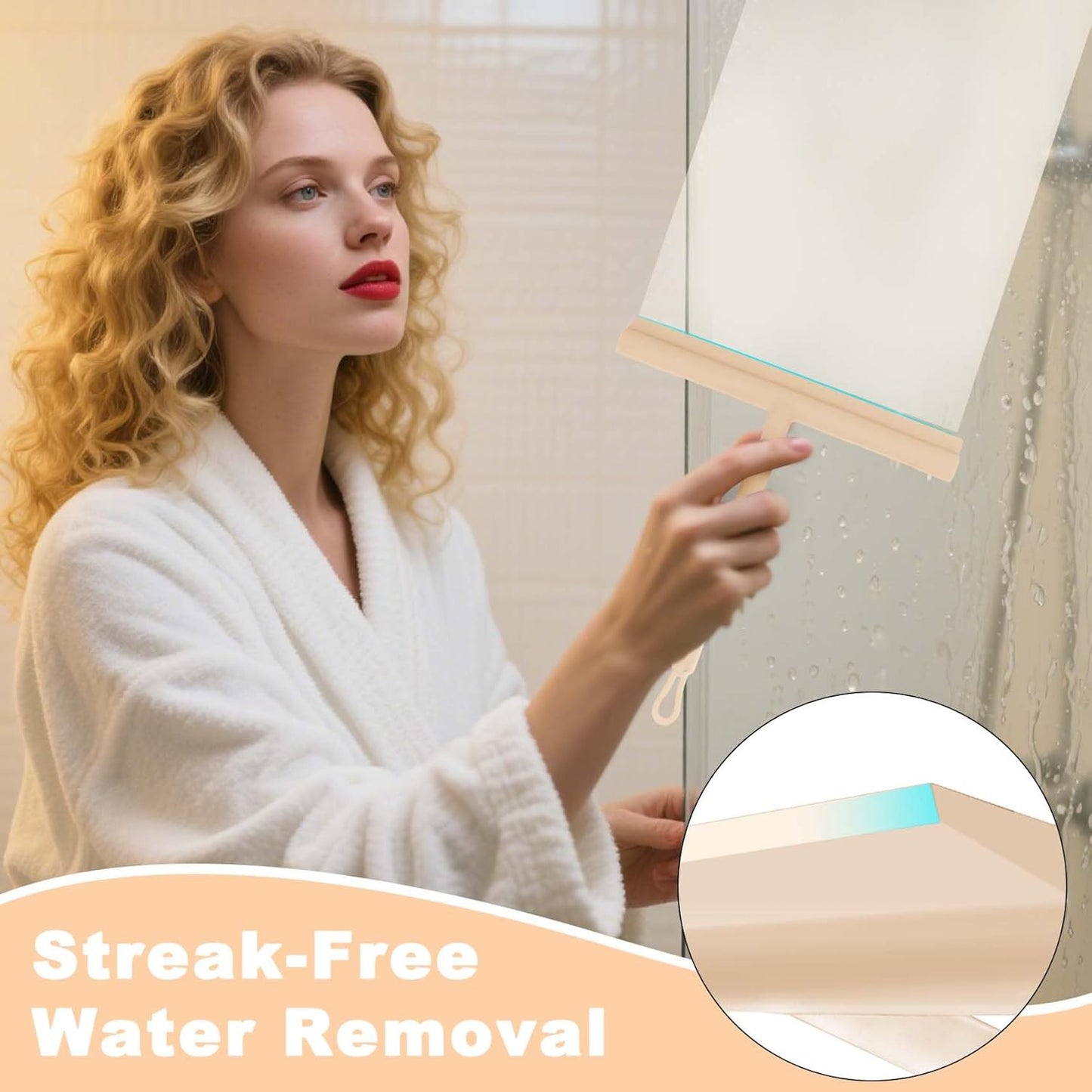 Squeegee for Shower Glass Doors, Resilient Loop - No-Drill & Adhesive Hook, Silicone Shower Squeegee with Stainless Steel Core, Cleaning Tool for Home, Kitchen, Bathroom & Car - Beige