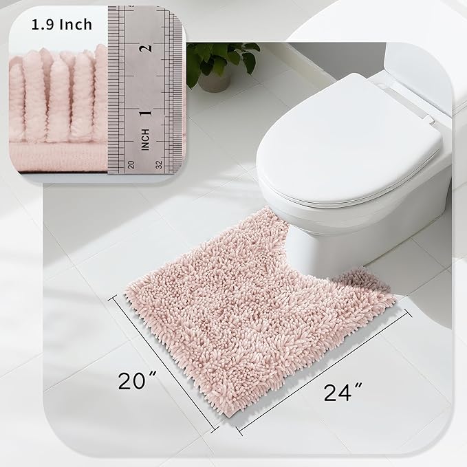 Yimobra Toilet Rugs U Shaped Washable, Extra Thick Soft Absorbent Chenille Contour Bathroom Rugs for Toilet 24x20 Inch, Quick Dry Non Slip Toilet Mat for Bath Floor, Pink