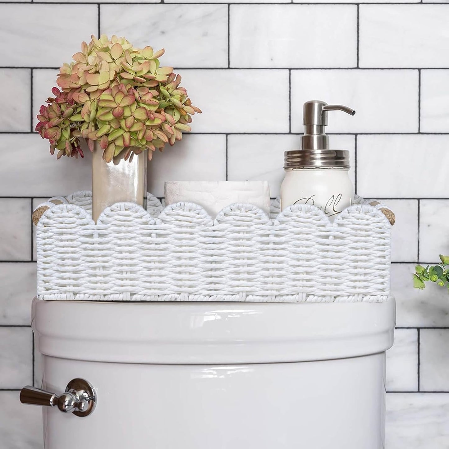 CubesLand Scalloped Edge Toilet Paper Storage Basket, Living Room Home Cozy Decor Basket, Paper Rope Small Baskets for Over Toilet Storage Shelf, End Table, Shelves, with 2 Wooden Handles, White