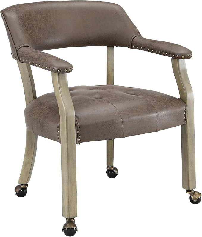 MODERION Modern Retro Brown Solid Wood Boss Caption's Dining & Office Desk Chairs with Wheels, Arms & Upholstered Seat, 31.5'H