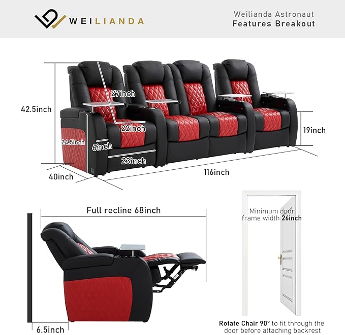 Home Theater Seating, Top Grain Leather Movie Seats Recliner Chair, Zero Gravity Reclining Gaming Sofa with Power Headrest 7 Colors Ambient Lighting 4 Seats Loveseat Middle Black Dark Red