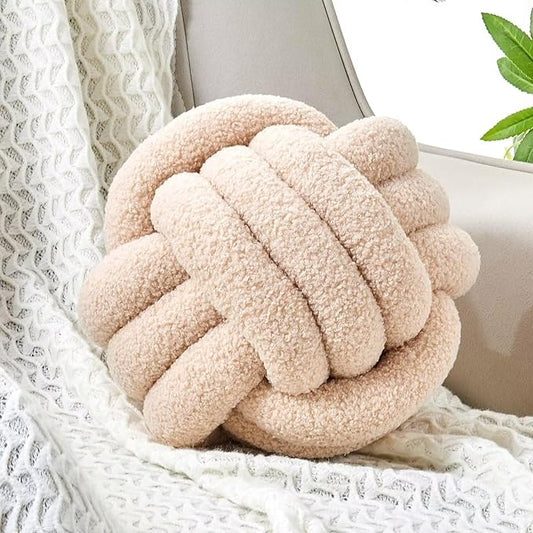 Uvvyui Knot Pillow Ball, Soft Home Decorative Pillows, Round Throw Pillow, Handmade Knotted Plush Pillow, Round Boucle Pillow Cushion (11 Inches Beige)