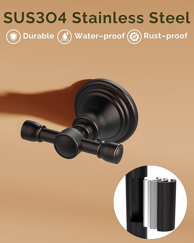 Towel Hook for Bathrooms 2 Pack for Bathrooms, Stainless Steel Robe Coat Hook Wall Mount, Heavy Duty Towel Hanger for Kitchen, Bedroom or RV(Oil Rubbed Bronze)