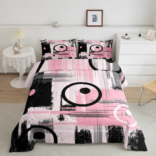 Kids Abstract Art Comforter Set Full Size Geometric Bedding Set for Boys Girls Teens Bedroom Decor Geometry Pink Grey Black Comforter Women Men Modern Duvet Set with 2 Pillow Case