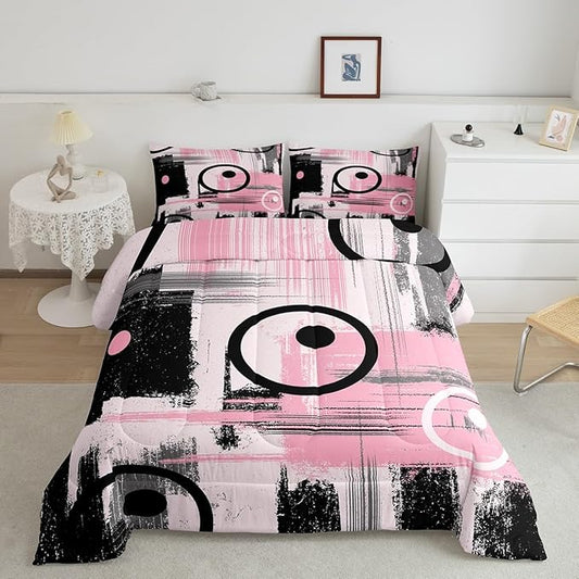 Kids Abstract Art Comforter Set Full Size Geometric Bedding Set for Boys Girls Teens Bedroom Decor Geometry Pink Grey Black Comforter Women Men Modern Duvet Set with 2 Pillow Case