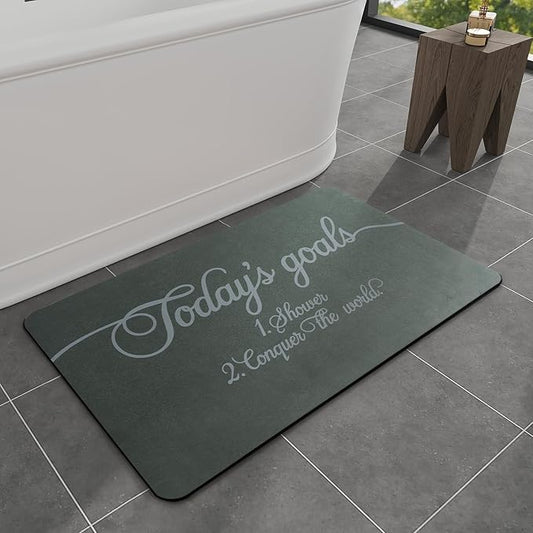 MontVoo -Bath Mat Rug- Non Slip Quick Dry Absorbent Thin Bathroom Rugs Fit Under Door-Faux Suede Surface Bathroom Floor Mats-Shower Rug for in Front of Bathtub Shower 16"X24" Green Text Pattern