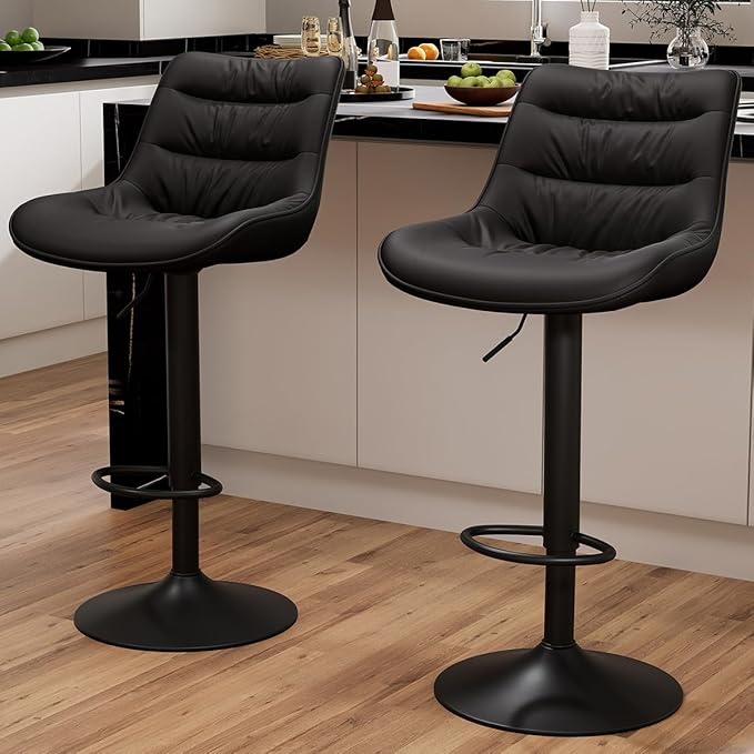 Kidol & Shellder Bar Stools Set of 2 Adjustable Swivel Black, PU Leather Upholstered with Back, Modern Counter Height Stools for Kitchen Island, Home Bar