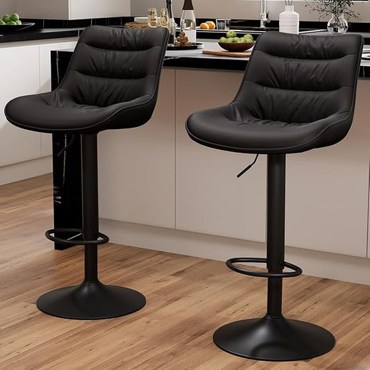 Kidol & Shellder Bar Stools Set of 2 Adjustable Swivel Black, PU Leather Upholstered with Back, Modern Counter Height Stools for Kitchen Island, Home Bar
