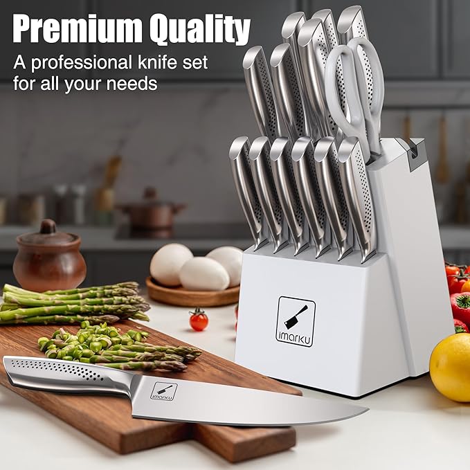 imarku Knife Set, Japanese HC Stainless Steel 15 PCS Kitchen Knife Set With Block With Built-in Sharpener, Razor-Sharp Blade Knife Block Set With Dotted Ergomomic Handle, Best Birthday Gifts, White