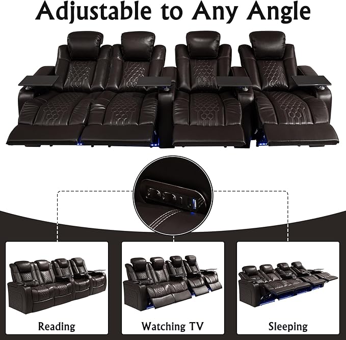 Home Theater Seating, Living Room, Heat & Massage, Powered Headrest, Powered Lumbar, Italian Leather, Powered Recline, Single Recliner (Black, Row of 4 Loveseat Left)