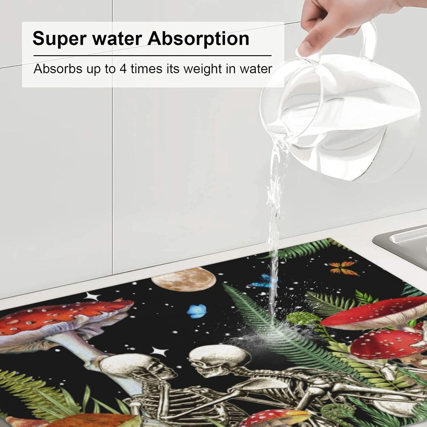 Red Mushroom Skull Dish Drying Mat 18x24 For Kitchen Counter Absorbent Microfiber Dishes Pad Dish Drainer Rack Mats Fast Dry Kitchen Accessories