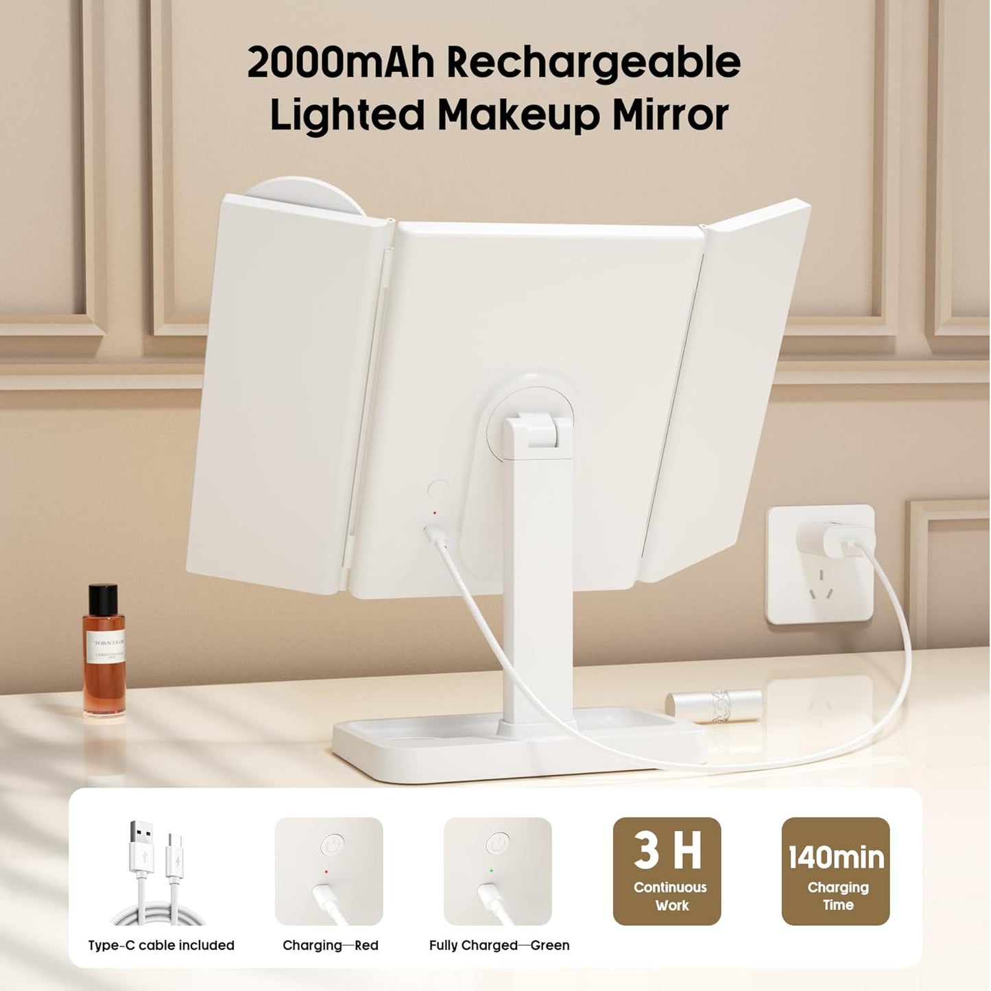 Makeup Vanity Mirror with Lights, Rechargeable Lighted Makeup Mirror with 2X 3X 10X Magnification, Led Makeup Mirror with 3 Colors Lights, Portable Mirror for Travel Desk, Gifts for Women Girls