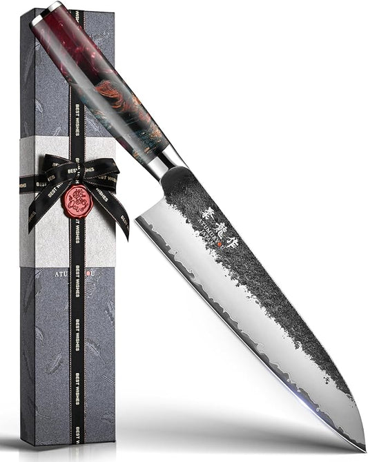 Japanese Chef Knife, 8 Inch Hand Forged Kitchen Knives with VG10 Core, Professional Gyuto Knife for Home & Restaurant, Sanmai Chefs Knives with Ergonomic Red Handle, Cooking Gifts for Men Women