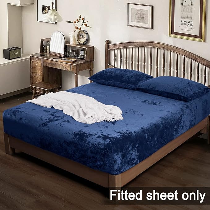 PHF Truly Velvet Fitted Sheet Only Queen Size, Luxury Super Soft Cozy Fuzzy Fleece Bottom Sheet, Deep Pocket Up to 16",Strenghth Elastic Band,Suitable for Fall Winter Spring, No Pillowcases, Navy Blue