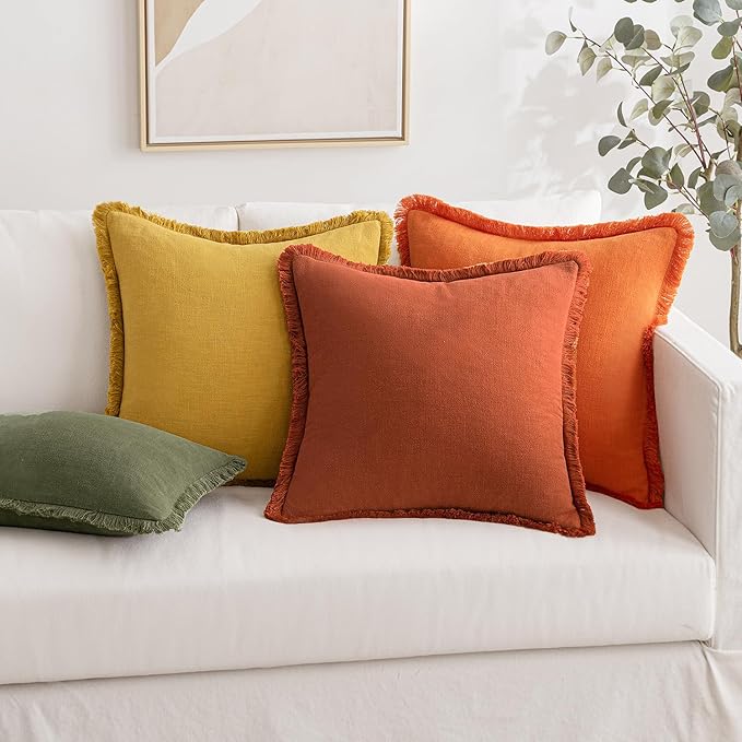 MIULEE Fall Decorative Throw Pillow Covers Neutral Linen Fringe Throw Pillows Set of 2 Burnt Orange Boho Farmhouse Cushion Covers with Tassels for Couch Sofa Bed Living Room Home Decor 16x16 Inch
