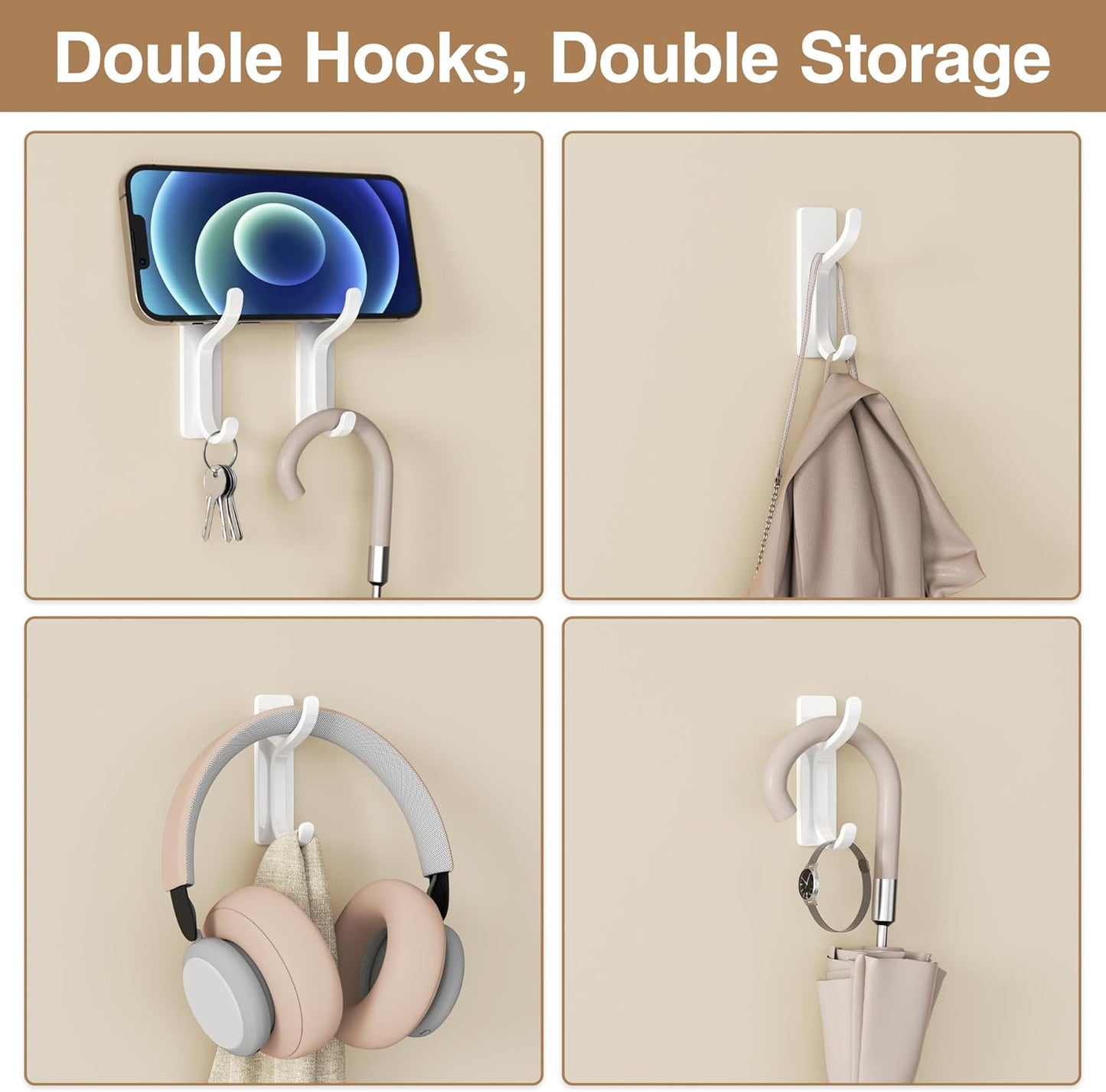 Self Adhesive Wall Hooks for Hanging - 6 Pack Stick On Holds 13 LB, Door Hooks for Towels, Coats, Purse, Jackets, Bags, Hangers for Shower, Dorm, RV, Bathroom, Kitchen - Stainless, Metal, White