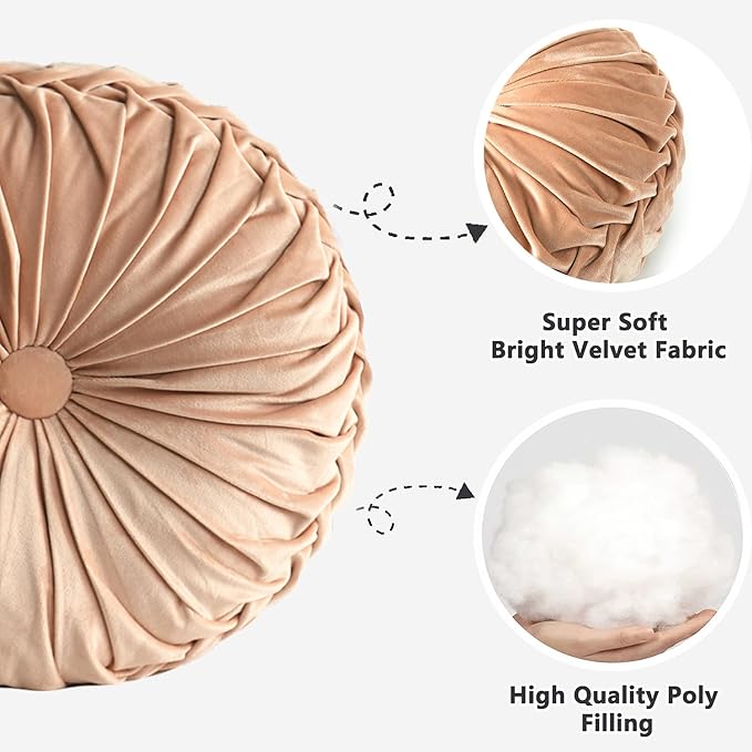 HIG Set of 2 Decorative Round Pleated Throw Pillows,Classy Accent Pumpkin Throw Pillows with Center Button,Vintage Velvet Floor Pillows for Sofa Vanity Chair Bed,Blush,16" Diameter(Ripple)