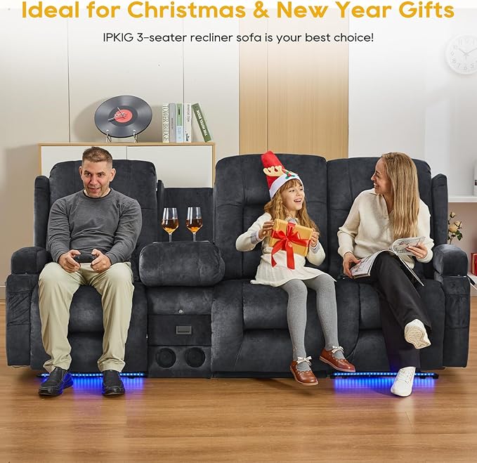 IPKIG 89" Power Reclining Loveseat Sofa, Electric Home Theater Seating with Console/4 Colors Ambient Lighting/Bluetooth Speakers/USB Ports/Built-in Outlets (Grey, 3-Seater with Console)