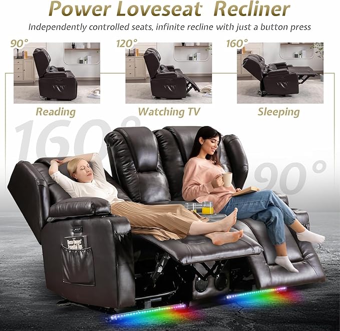 SAMERY Power Loveseat Recliner Sofa with Adjustable Split Back, USB Charging, Bluetooth Speakers & LED Lighting – Home Theater Seating with Storage, Cup Holders, Brown Faux Leather Loveseat Recliner