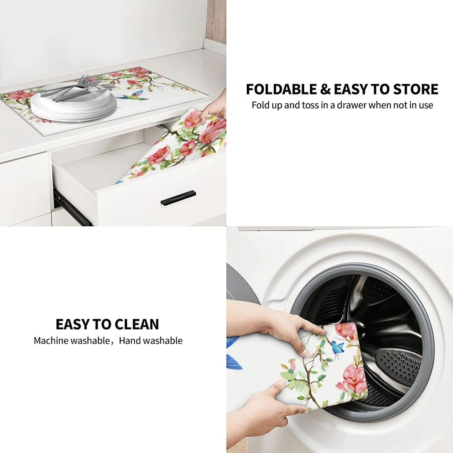 Hummingbird Butterfly Magnolia Dish Drying Mat 18x24 For Kitchen Counter Absorbent Microfiber Dishes Pad Dish Drainer Rack Mats Fast Dry Kitchen Accessories