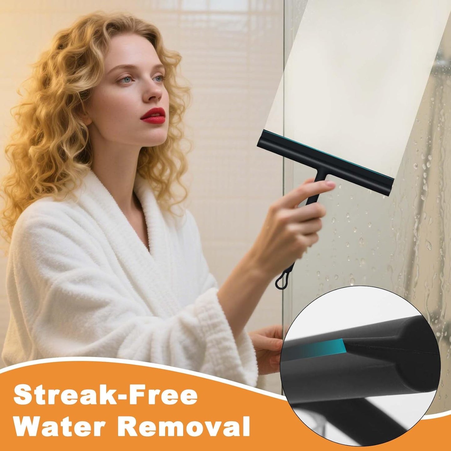 Squeegee for Shower Glass Doors, Resilient Loop - No-Drill & Adhesive Hook, Silicone Shower Squeegee with Stainless Steel Core, Cleaning Tool for Home, Kitchen, Bathroom & Car - Black