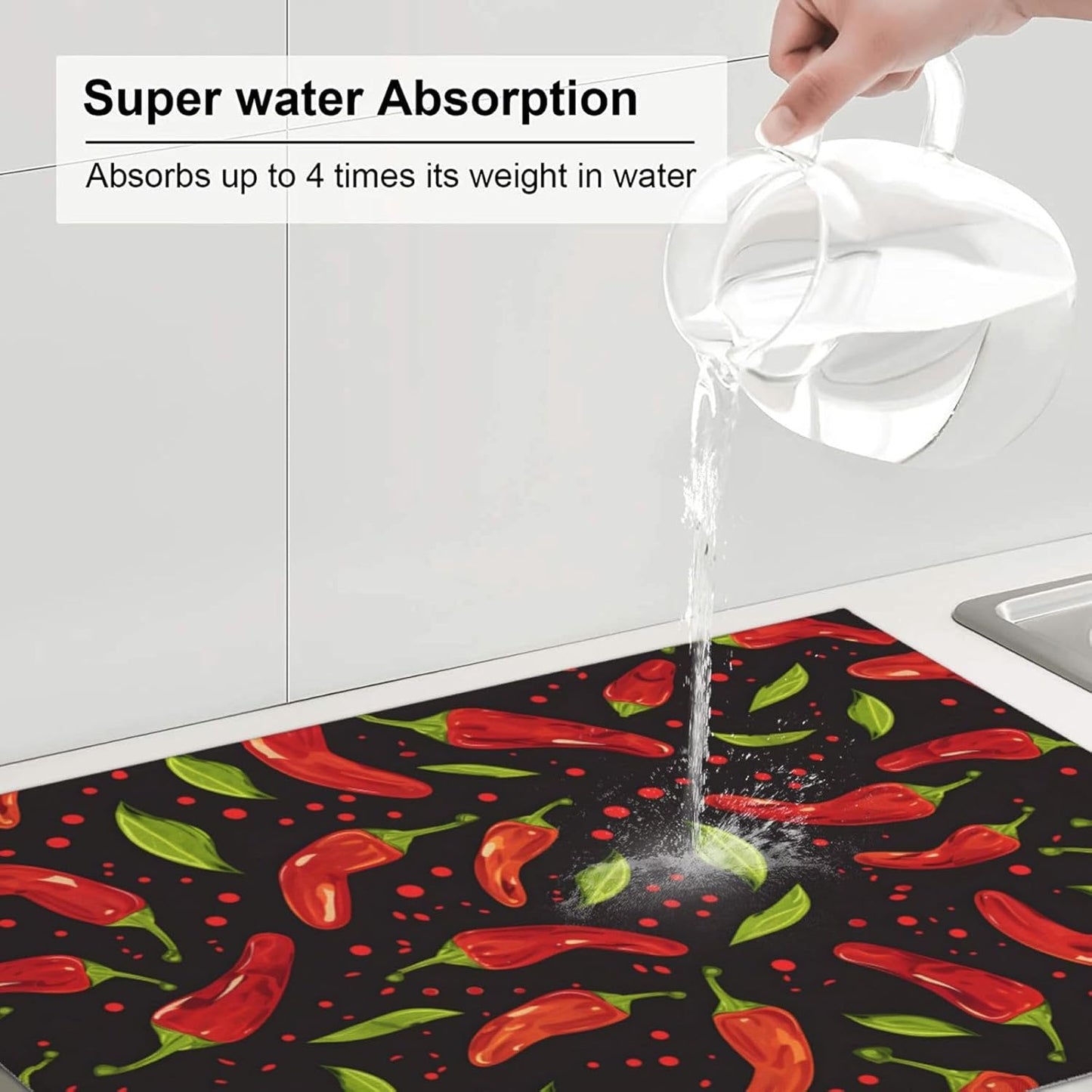 Red Chili Pepper Dish Drying Mat 18x24 For Kitchen Counter Absorbent Microfiber Dishes Pad Dish Drainer Rack Mats Fast Dry Kitchen Accessories