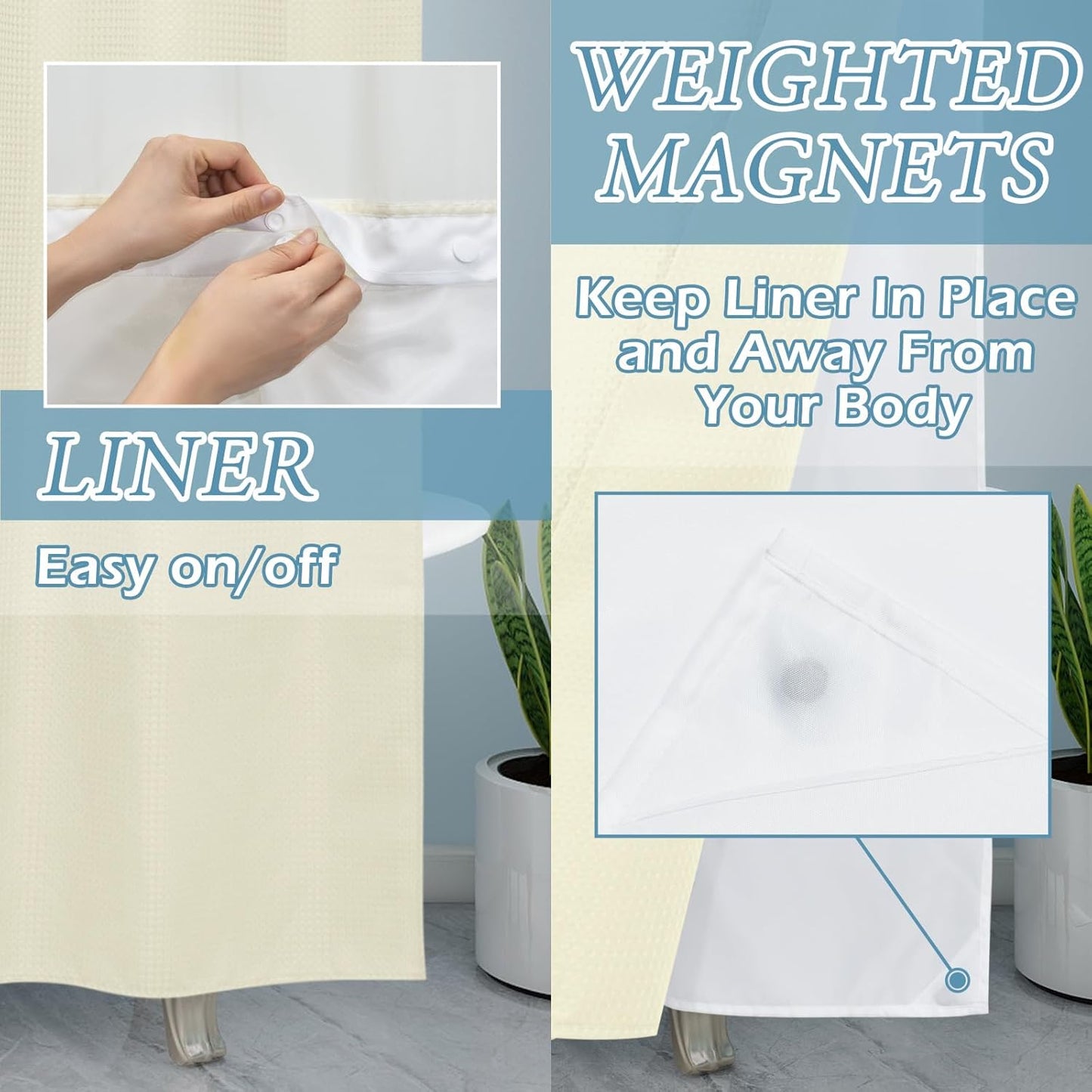 Ivory Long Hotel Shower Curtain with Detachable Liner - 230GSM Waffle Textured,Hotel Grade,Spa Like Bath Curtain,71W x 86H