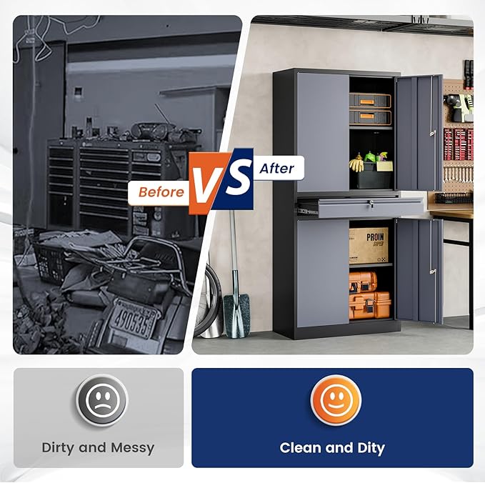 Yizosh Metal Garage Storage Cabinet with Locking Doors and Adjustable Shelves, 71" Steel Tool Storage Cabinet with 1 Drawer for Garage,Office,Warehouse (Gray Black)