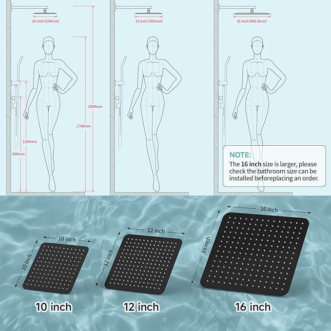 SR SUN RISE Luxury 16 Inch Extra Large Square Stainless Steel Shower Head High Pressure Rainfall Showerhead Ultra Thin Water Saving Matte Black 2.5 Gpm