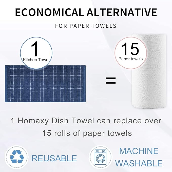 Homaxy 100% Cotton Terry Kitchen Towels(Navy Blue, 13 x 28 inches), Checkered Designed, Soft and Super Absorbent Dish Towels, 6 Pack