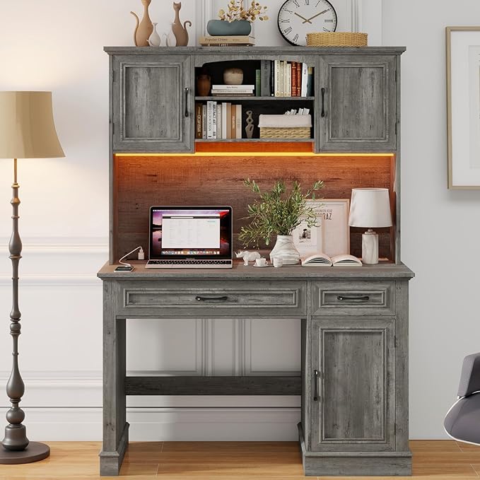 Farmhouse 47" Executive Desk with Hutch, 2 Drawers and LED Light, Computer Desk with Storage Cabinet and Charging Station,Workstation for Home Office and Study.Grey