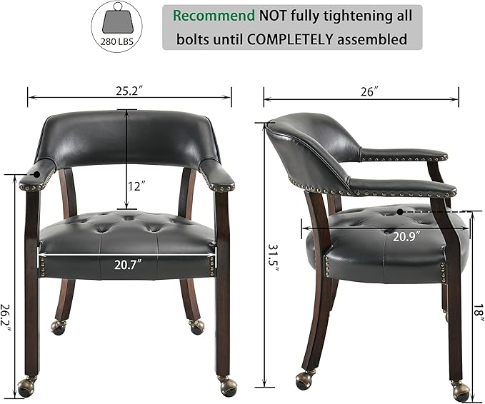 MODERION Large Dinning Chairs with Solid Wood Legs, Boss Caption's Chairs, Office Desk Chairs with Wheels, Classic Swivel Accent Chairs with Upholstered, 31.5”H for Living Kitchen Black SY318BK