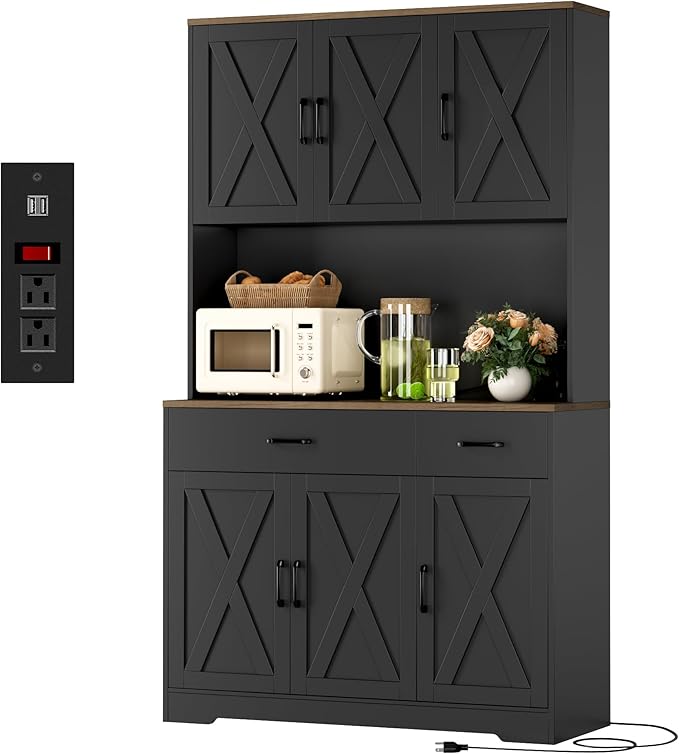 HOSTACK 71" Pantry Cabinet with Charging Station, Tall Kitchen Pantry Storage Cabinet with Microwave Stand, Farmhouse Kitchen Hutch with Storage Drawers for Living Room, Dining Room, Black