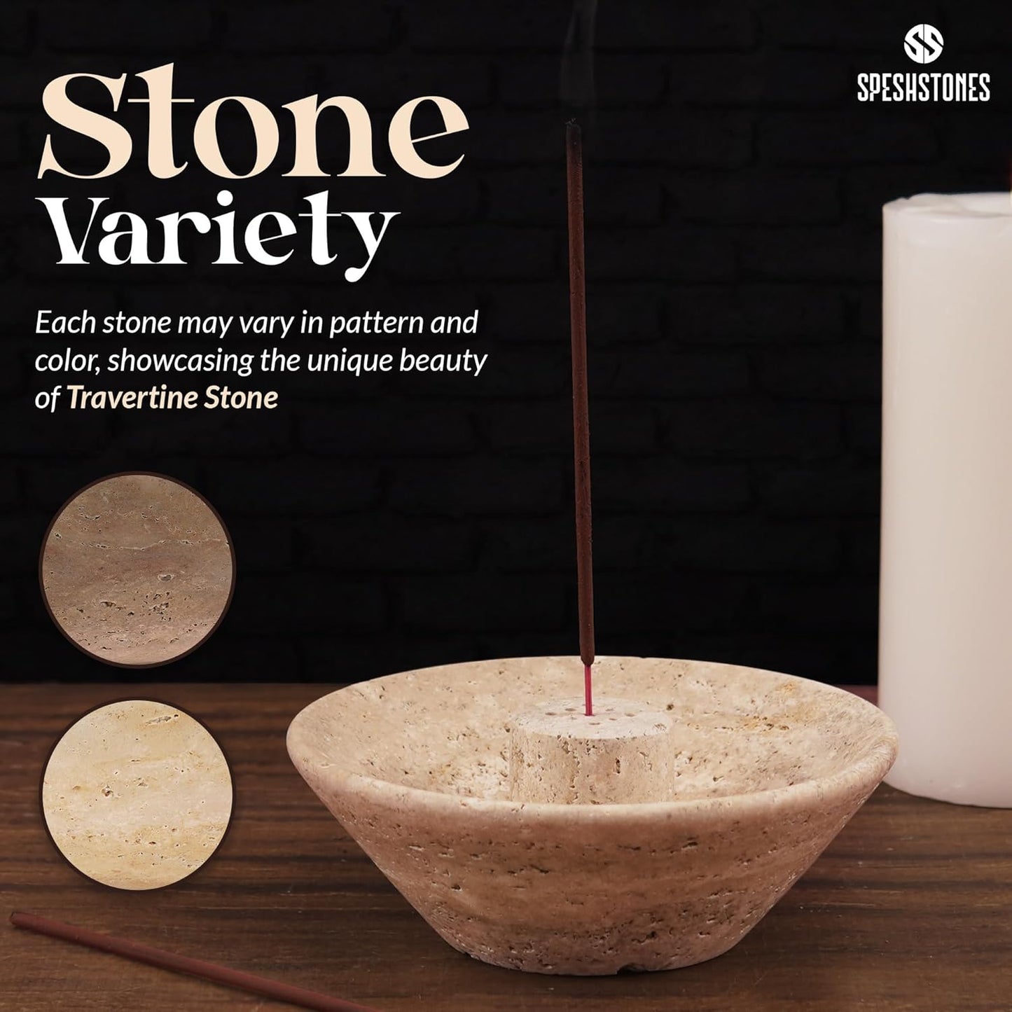 Marble Incense Holder 5.5 Inch Handmade Round Travertine Palo Santo Sticks Holder for Aesthetic Home & Bedroom décor, Inscents Stick Burner for Aromatherapy & Fragrance Accessories