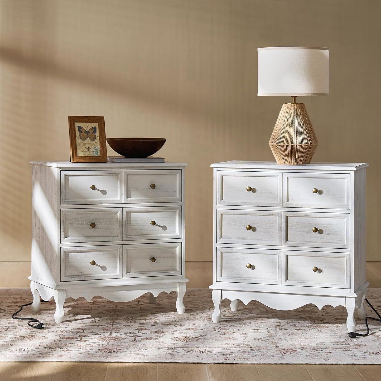 HULALA HOME 3-Drawer Nightstand with Charging Station, Drawer Organizer with Wood Legs, Farmhouse Solid Wood Nightstand Set of 2(White)