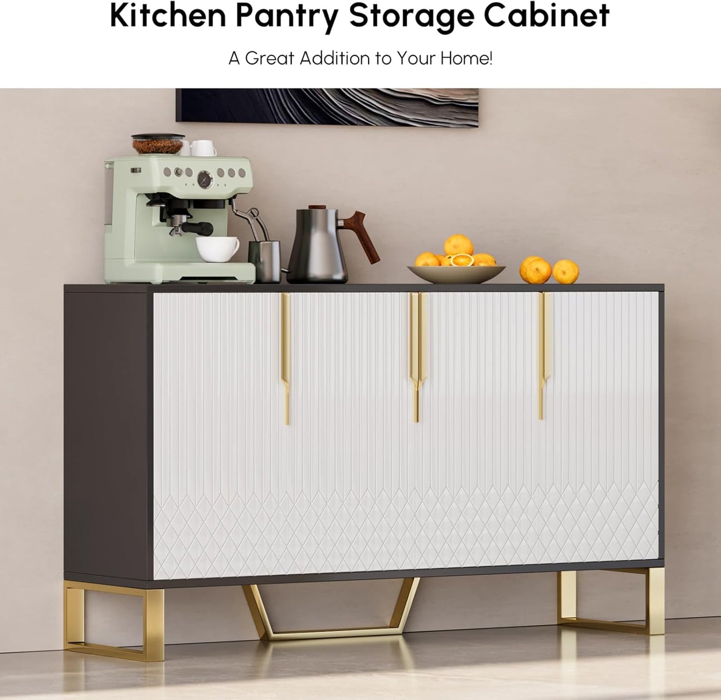 homary 59" Buffet Sideboard Cabinet with Storage – Modern Kitchen Server Table with 4 Doors & Adjustable Shelves, Stainless Steel Frame for Dining Room, Living Room, Entryway