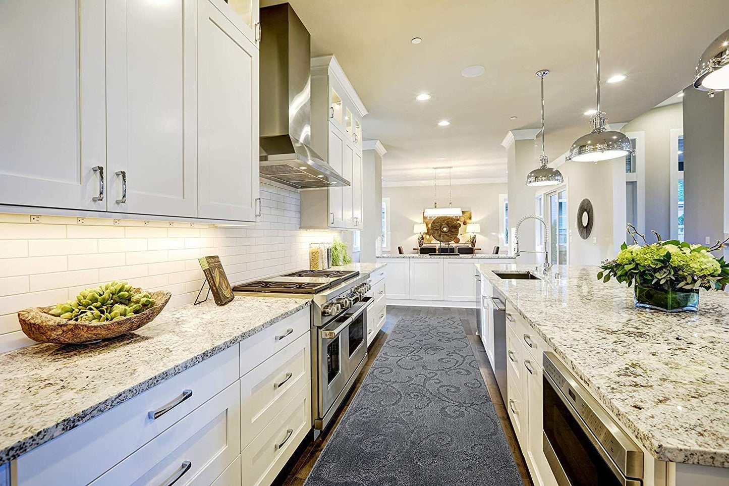 32 FT Long Non Slip Washable Carpet Runner Rug with Rubber Backing, Custom Floor Mat for Kitchen Hallway Stairs Bedroom Bathroom Entry, Scroll Anthracite Grey, Your Choice of Length