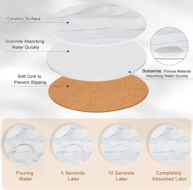 6-Pcs 4'' Ceramic Marble Style Trivet with Holder, Absorbent Trivets for Hot Dishes, Cork Bottom Anti-Slip Trivet Mats for Hot Pots and Pans