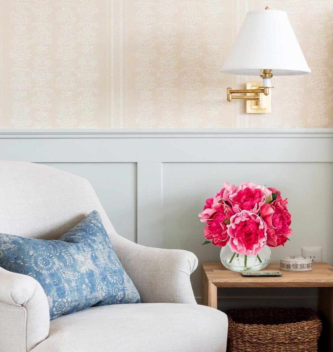 Hollyone Peonies Artificial Flowers with Vase Hot Pink Faux Flowers Peony Fake Flowers Silk Flower Arrangements in Glass Vase with Faux Water for Home Decor Bathroom Table Centerpiece Decorations