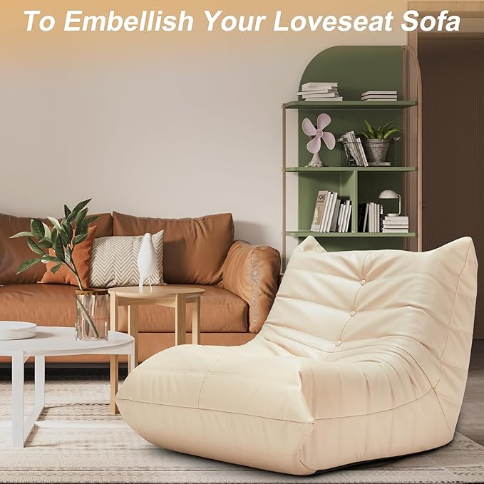 Hobestluk Giant Bean Bag Chair Lazy Floor Sofa, Memory Foam Fireside Sofa for Adults, Big Beanbag Faux Leather Armless Chair for Living Room Bedroom Dorm Office (Beige, Single)